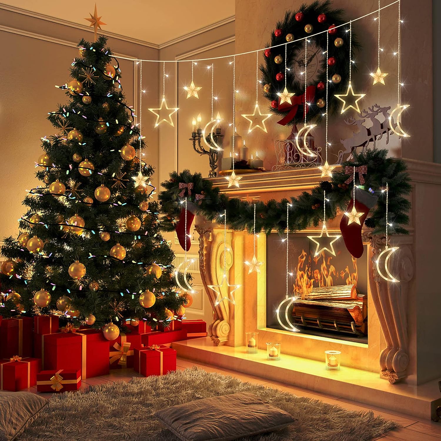 3.5m estrela lua led cortina l - Outdoor Power For Xmas Lights avaliação e preço